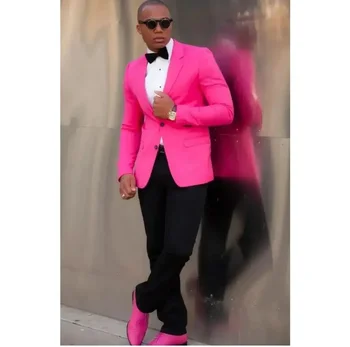 Новый ярко-розовый мужской костюм на 2 пуговицы, приталенная одежда для свадебной вечеринки, выпускного вечера, блейзер на заказ (куртка + черные брюки)