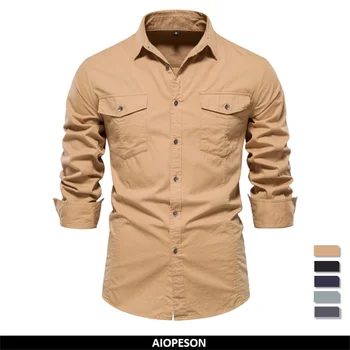 AIOPESON 2023, новая осенняя мужская рубашка с карманами из 100% хлопка в стиле милитари, однотонные тонкие повседневные мужские рубашки с длинным рукавом
