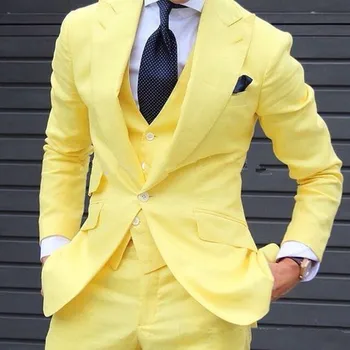 2023 Желтые мужские костюмы из 3 предметов, новейшие модели пальто и брюк, модные комплекты блейзеров для свадебных вечеринок для женихов, сшитые на заказ Куртки и брюки