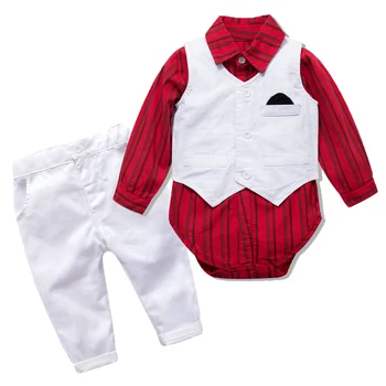 Официальный комплект для маленьких мальчиков, полосатый комбинезон + жилет + белые брюки, осенние наряды для младенцев, платье для крещения маленького мальчика на день рождения
