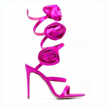 2024 Летние Европейские и американские Новые Сексуальные женские Римские босоножки на тонком высоком каблуке, Свадебные туфли с открытым носком, Цветок большого размера