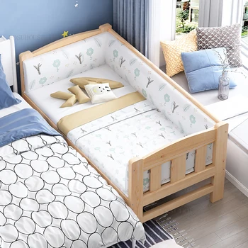 Современные детские кровати из массива дерева с перилами Маленькая кровать для мальчиков и Девочек Односпальная прикроватная кровать Расширенная Соединенная Большая кровать