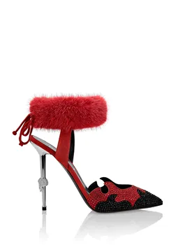 Весенние женские туфли для подиума с острым носком, украшенные перьями, роскошные блестящие туфли-лодочки, украшенные кристаллами, блестящие туфли на высоком металлическом каблуке