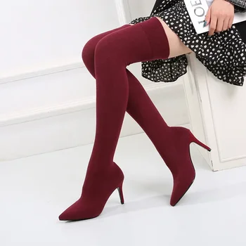 Сексуальные сапоги с острым носком, вязаные эластичные длинные сапоги, женские сапоги выше колена, пинетки на тонком каблуке, модные туфли-лодочки, маленький размер 31 32 33