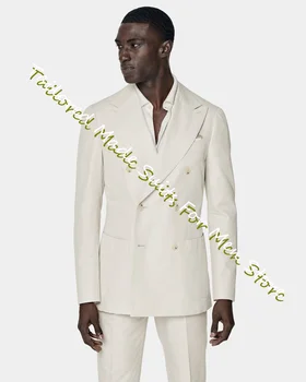 Элегантные костюмы для мужчин, бежевый мужской блейзер, мужская дизайнерская одежда, свадебные платья для жениха, классические комплекты брюк с двойной грудью, 2 шт.