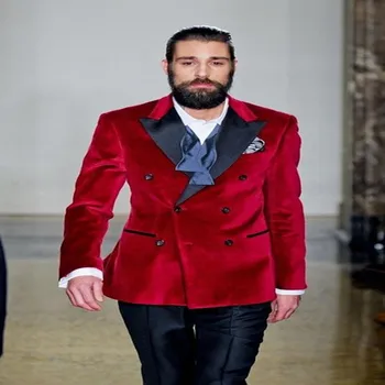 Красные бархатные мужские костюмы с отворотом, 2020, новейший дизайн, 2 предмета (куртка + брюки) Модный красивый мужской костюм Terno Masculino на заказ, большие размеры