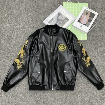 Бейсбольное пальто с вышивкой, мужские куртки из искусственной кожи в китайском стиле, Мотоциклетная винтажная мужская уличная одежда, модная верхняя одежда из искусственной кожи.