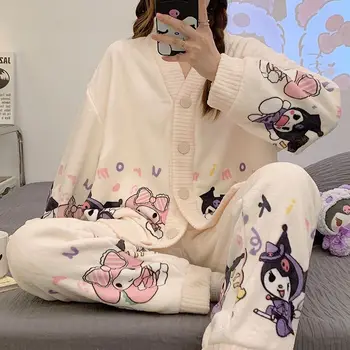 Sanrio kuromi осень-зима, пижама из кораллового флиса, милая пижама для отдыха с героями мультфильмов для девочек, пижама my Melody cinnamon, ночная рубашка