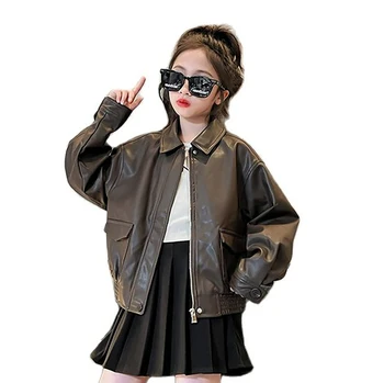 Кожаная куртка для девочек, верхняя одежда, однотонные пальто для девочек, детское весенне-осеннее детское пальто, повседневная детская одежда в стиле Кэжуал