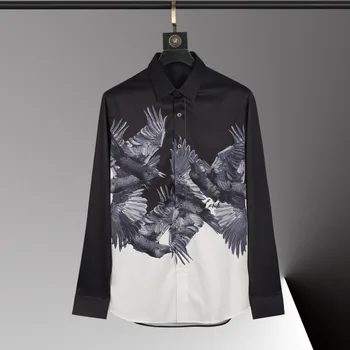 Черные мужские рубашки Minglu, роскошные повседневные мужские рубашки с принтом Орла, с длинным рукавом, модные мужские рубашки Slim Fit 3XL
