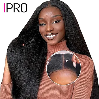 Бесклеевые парики IPRO Носите и пользуйтесь Кудрявыми прямыми париками из человеческих волос 6x4, Прозрачными кружевными париками спереди, предварительно вырезанными, предварительно выщипанными париками на застежке