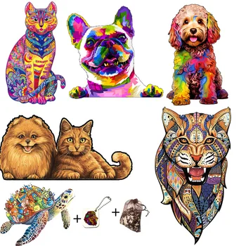 Красочные иллюстрации животных, деревянные головоломки с кошками и собаками для взрослых и детей, 3D-пазлы, игрушки, развивающие игры 