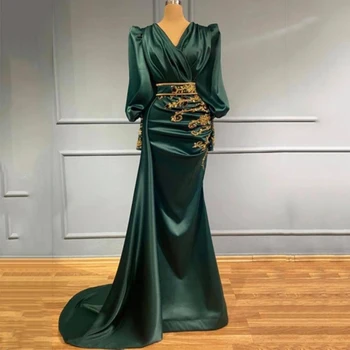 Великолепные женские вечерние платья из зеленого атласа в Дубае, Арабское вечернее платье для выпускного вечера с золотым кружевом, длинные рукава, халат знаменитостей 2023 года выпуска.