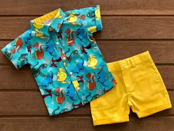 красивый ребенок от 1 до 6 лет, летний комплект одежды из двух предметов для мальчика, рубашка с коротким рукавом и шорты с принтом динозавра, костюм для мальчика-малыша
