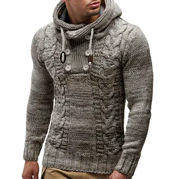 Европейский и американский мужской вязаный пуловер, мужское зимнее пальто, вязаный свитер с высоким воротом и капюшоном, теплый и приталенный свитер