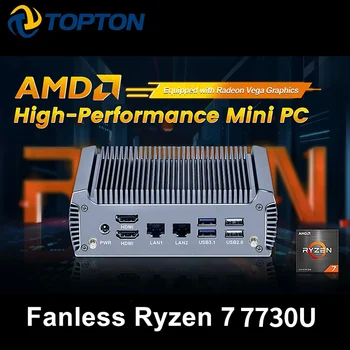 Topton FU02 Безвентиляторный Мини-ПК AMD Ryzen 7 7730U с 8 ядрами и 16 потоками Barebone PC с маршрутизатором 2 локальных сетей Игровой компьютер Windows 11 2x4 K WiFi6