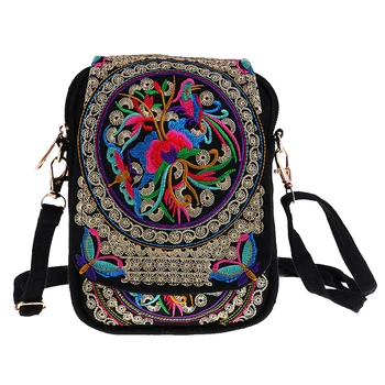Женская сумка через плечо, дорожная сумка, винтажная цветочная вышитая сумка через плечо на молнии, вышитая сумка для мобильного телефона