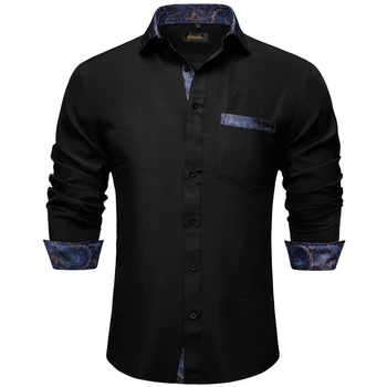 Роскошные мужские рубашки из полиэстера черного цвета с контрастной прострочкой в виде Пейсли, дизайнерские повседневные рубашки и блузки с длинным рукавом
