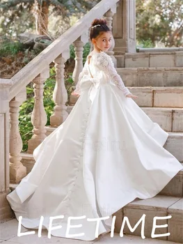 Платья для девочек в цветочек на свадьбу, вечеринку, детское роскошное платье принцессы из белого атласа с открытой спиной, иллюзионное кружево с бантом, платья