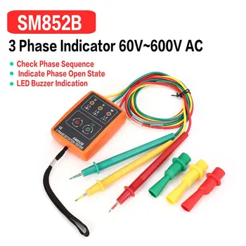Новый SM852B 3-фазный Тестер вращения, Цифровой детектор фазового индикатора, Светодиодный зуммер, Измеритель последовательности фаз, Тестер напряжения 60 В ~ 600 В переменного тока