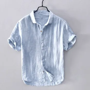 Летние дышащие мужские рубашки из чистого льна, повседневные мужские топы на пуговицах с короткими рукавами, пляжные рубашки с отложным воротником