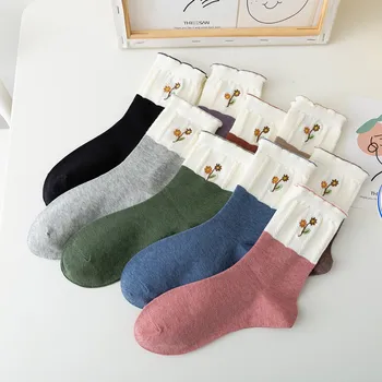 Японские носки Sweet Beauty, Хлопчатобумажные Женские носки-трубочки с вышитым цветком, носки принцессы в Корейском стиле, подходящие по цвету