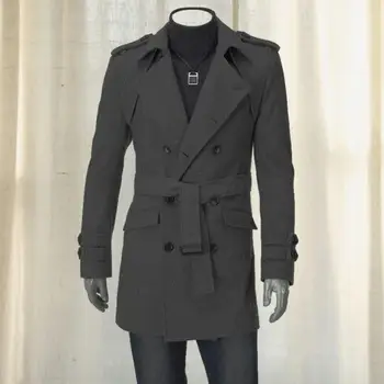Мужской тренч с поясом на талии, мужское пальто, стильный мужской двубортный тренч, однотонный плащ с отворотом и поясом средней длины для осени / зимы
