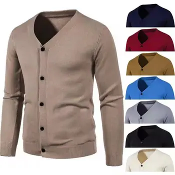 Модные мужские свитера для зимы, повседневный вязаный кардиган высокого качества, топы оверсайз, V-образный вырез, пуговицы, серо-зеленый, однотонный цвет