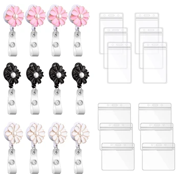 Катушки с цветочными бейджами с перламутровым вертикальным прозрачным держателем именной бирки для девушки, женская карточка-ключ, милое ожерелье-бейджик