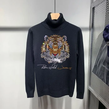Новый роскошный кашемировый пуловер с рисунком тигра и бриллиантами, однотонный свитер Young Knit, мужской свитер с высоким воротом, модная толстовка
