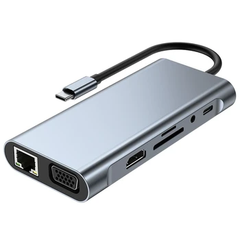 11 В 1 Док-станция Type C USB-Концентратор 3.0 Разветвитель Многопортовый Адаптер 4K HDMI-Совместимый RJ45 SD/TF VGA PD Аудиоразъем Ethernet Порт