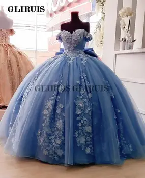 Мексиканское Пыльно-Голубое Пышное платье с 3D Цветочной Аппликацией Бальные платья Vestidos XV Años Sweet 16 Dress С бантом robe de soirée 2022