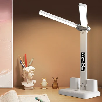 Светодиодная Настольная Лампа USB Dimmable Touch с Календарем, Температурными Часами, Ночником, Складная Настольная Лампа для Учебы, Лампа Для Чтения