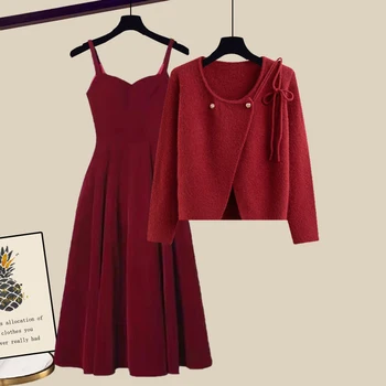 Осенне-зимнее платье с красным ремешком 2023, новое женское платье, свитер французского дизайна, маленькое платье с ароматом, комплект из двух предметов