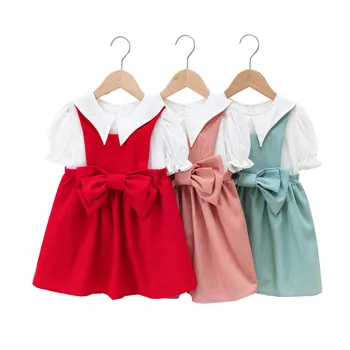 Хлопковое платье для маленьких девочек, сарафан с короткими рукавами и бантиками, 2 предмета, модная летняя одежда для малышей