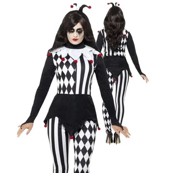 Женский костюм клоуна-убийцы, косплей для взрослых, комбинезоны ужасного клоуна, Забавная страшная одежда на Хэллоуин, наряды клоуна в белую и черную полоску.