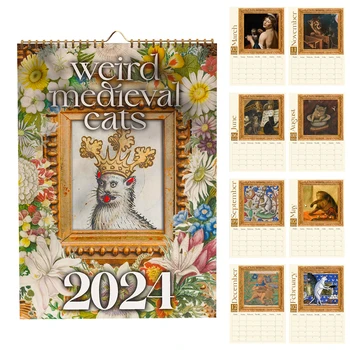Календарь со странными средневековыми кошками на 2024 год, Декоративный подвесной веселый ежемесячный календарь с фотографиями кошек, художественные украшения для дома