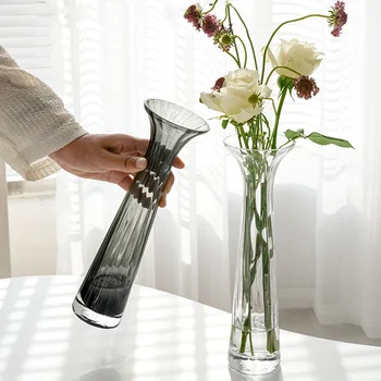 Простая стеклянная ваза для цветов Прозрачная гидропонная столешница для цветов Современное украшение Маленькое свежее украшение серого цвета