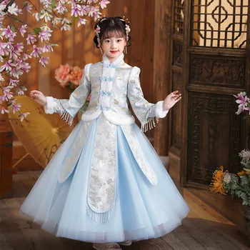 Китайский стиль Ретро Синий Цветочный принт Hanfu Детское Зимнее Новогоднее платье Костюм для девочек Юбка принцессы для выступлений Qipao