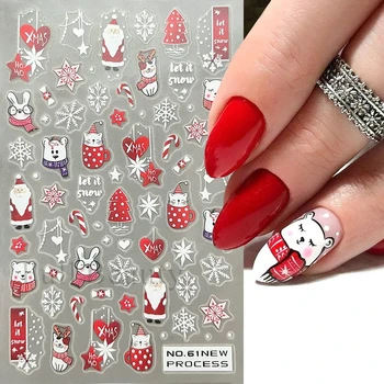 3D Рождественские наклейки для ногтей Красный Санта Клаус Новогодний Слайдер Милый Мультяшный Медведь Дизайн ногтей с животными Наклейки для зимнего Маникюра