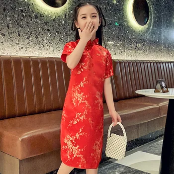2023 Новое детское милое летнее платье Чонсам с цветочным рисунком сливы в винтажном китайском стиле, традиционные платья для маленьких девочек