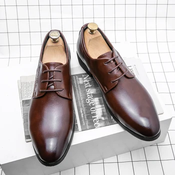 Высококачественная мужская обувь 2023 года, новые повседневные кожаные туфли с острым носком с низким берцем, классические роскошные деловые туфли-оксфорды в британском стиле