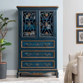 Винный шкаф из массива дерева, окрашенный в винтажный синий цвет, буфетный шкаф, Полый шкафчик для одежды в гостиной