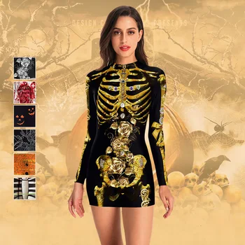 Женский винтажный комбинезон с принтом Розы и скелета, боди ужасов, платье для косплея на Хэллоуин, страшный костюм, Женский Дьявольская вечеринка, необычные наряды