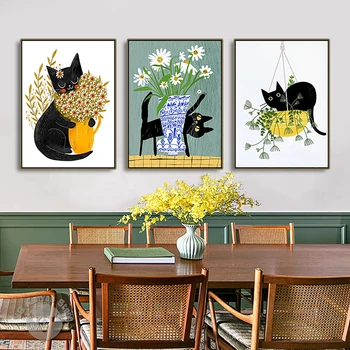 Абстрактный мультфильм милый кот растение Картина на холсте настенный художественный плакат принты в скандинавском стиле для домашнего декора гостиной подарки Cuadros
