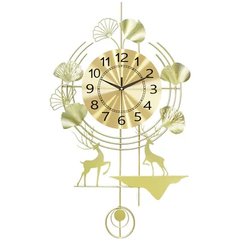 Большие настенные часы Золотое искусство Скандинавской гостиной Гинкго Лист Олень Подвесные Часы Геометрический Указатель Немой Настенные Часы Украшение дома