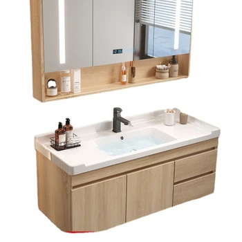 Легкий Роскошный Встроенный керамический умывальник из массива дерева, шкаф для ванной комнаты, столик для ванной комнаты, набор для мытья рук, шкаф для умывальника