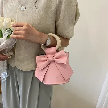 Летняя милая мини-сумка-ведро с галстуком-бабочкой через плечо 2022, Новая женская сумка-тоут с деревянной ручкой, модная дизайнерская женская сумочка