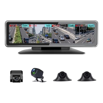Автомобильный Видеорегистратор с Панорамной Приборной панелью 360 °, 12-Дюймовый Сенсорный Экран, 4-Канальный Видеомагнитофон FHD 1080P IPS, 4 Разделенных Экрана, Видеорегистратор