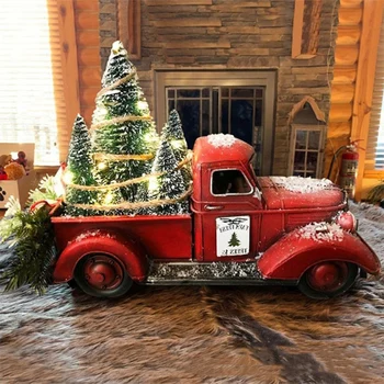 Винтажный красный грузовик с мини-рождественской елкой, елочный грузовик с орнаментом Weihnacht, светодиодные фонари, маленький винтажный красный грузовик, декор для домашнего офиса